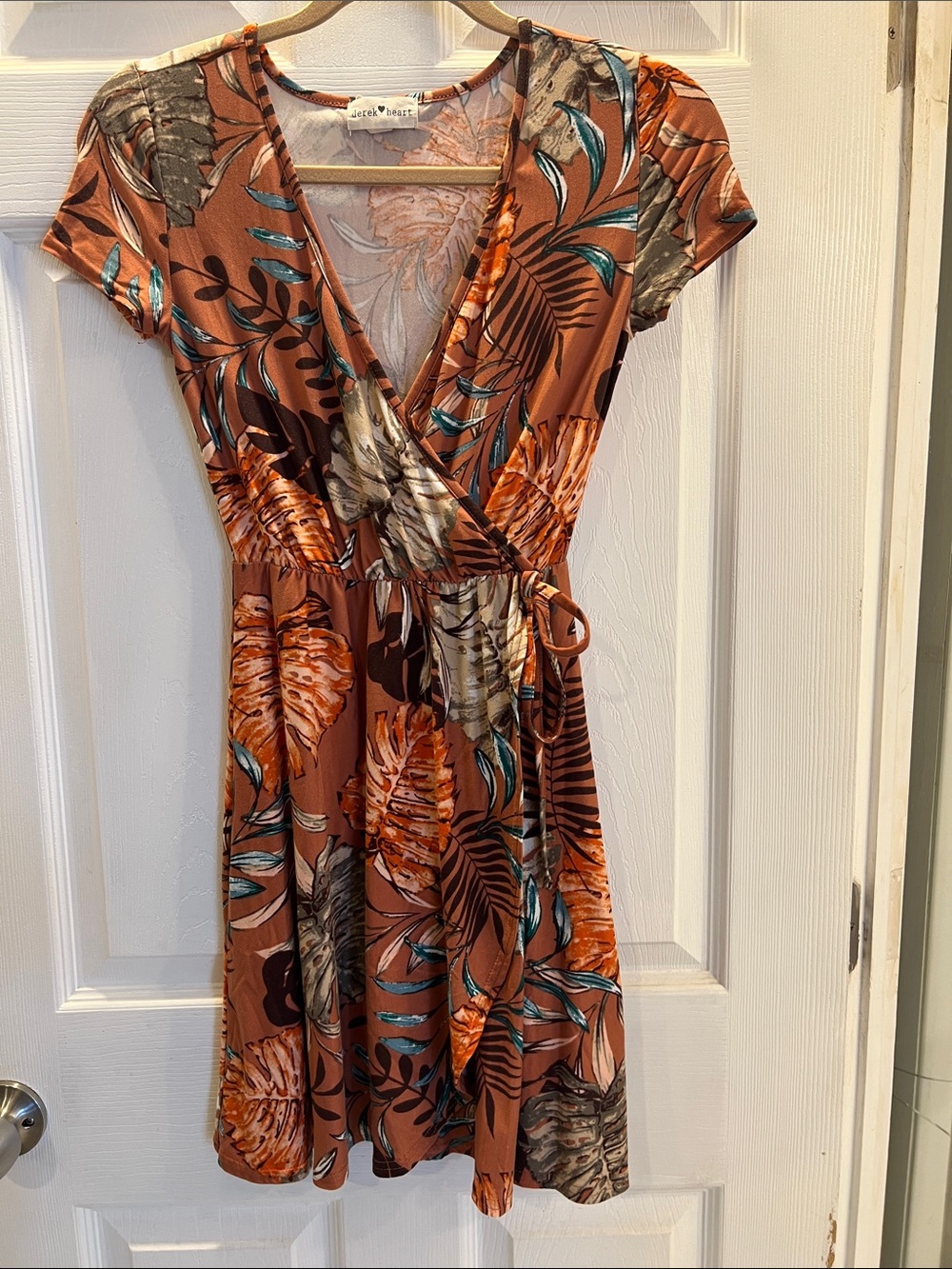 Derek Heart Rust Wrap Mini Dress with Leaves